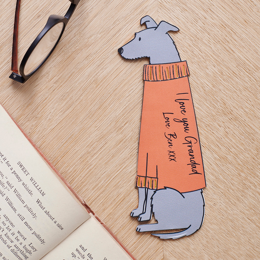 Personalised Lurcher bookmark laid flat showing custom messages — vegan PU leather dog lover gifts by Sweet William Designs