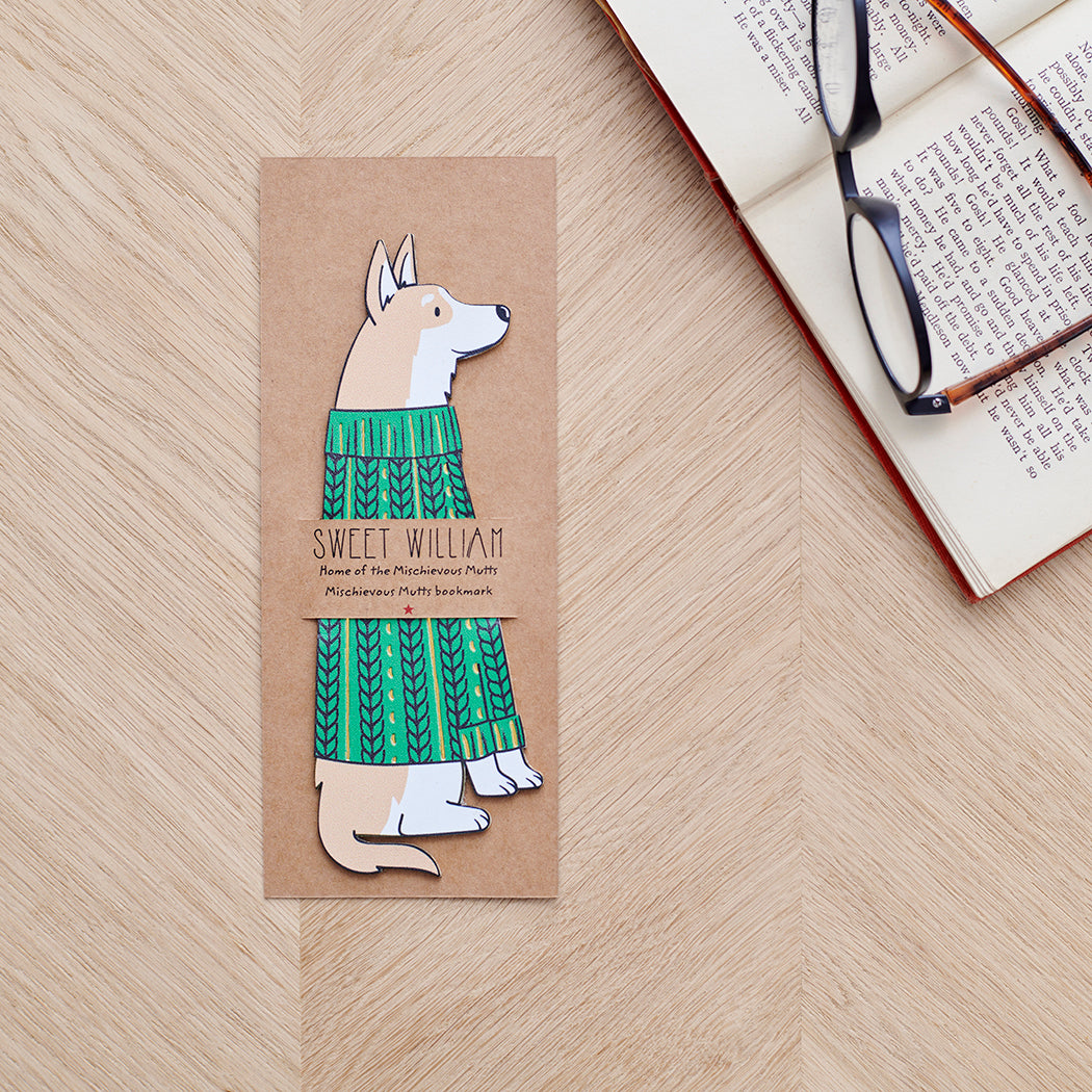 Corgi bookmark with backing card — personalised dog bookmark in green jumper illustration, gift by Sweet William Designs