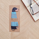 Dachshund bookmark with backing card — personalised dog bookmark in blue jumper illustration, gift by Sweet William Designs
