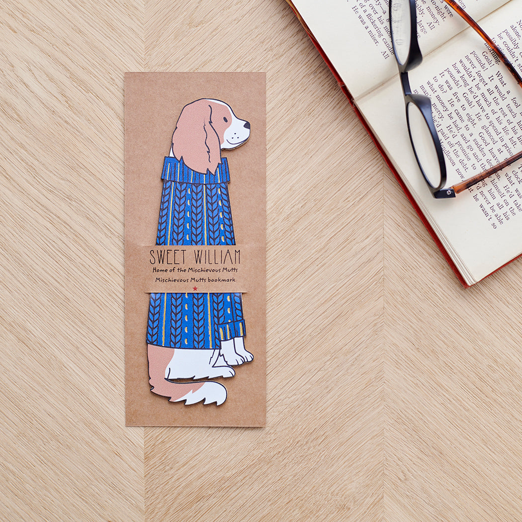 Cavalier King Charles Spaniel bookmark with backing card — personalised dog bookmark in blue jumper illustration, gift by Sweet William Designs