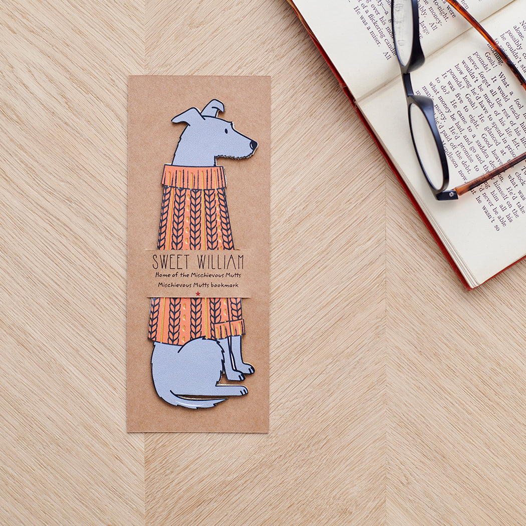 Lurcher bookmark with backing card — personalised dog bookmark in orange jumper illustration, gift by Sweet William Designs