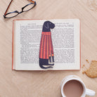 Black Labrador bookmark in open book — vegan PU leather with gold foil detailing, dog lover gift by Sweet William Designs