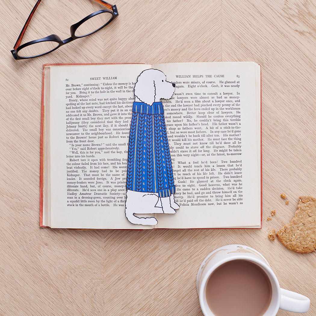 Apricot Cockapoo / Labradoodle bookmark in open book — vegan PU leather with gold foil detailing, dog lover gift by Sweet William Designs