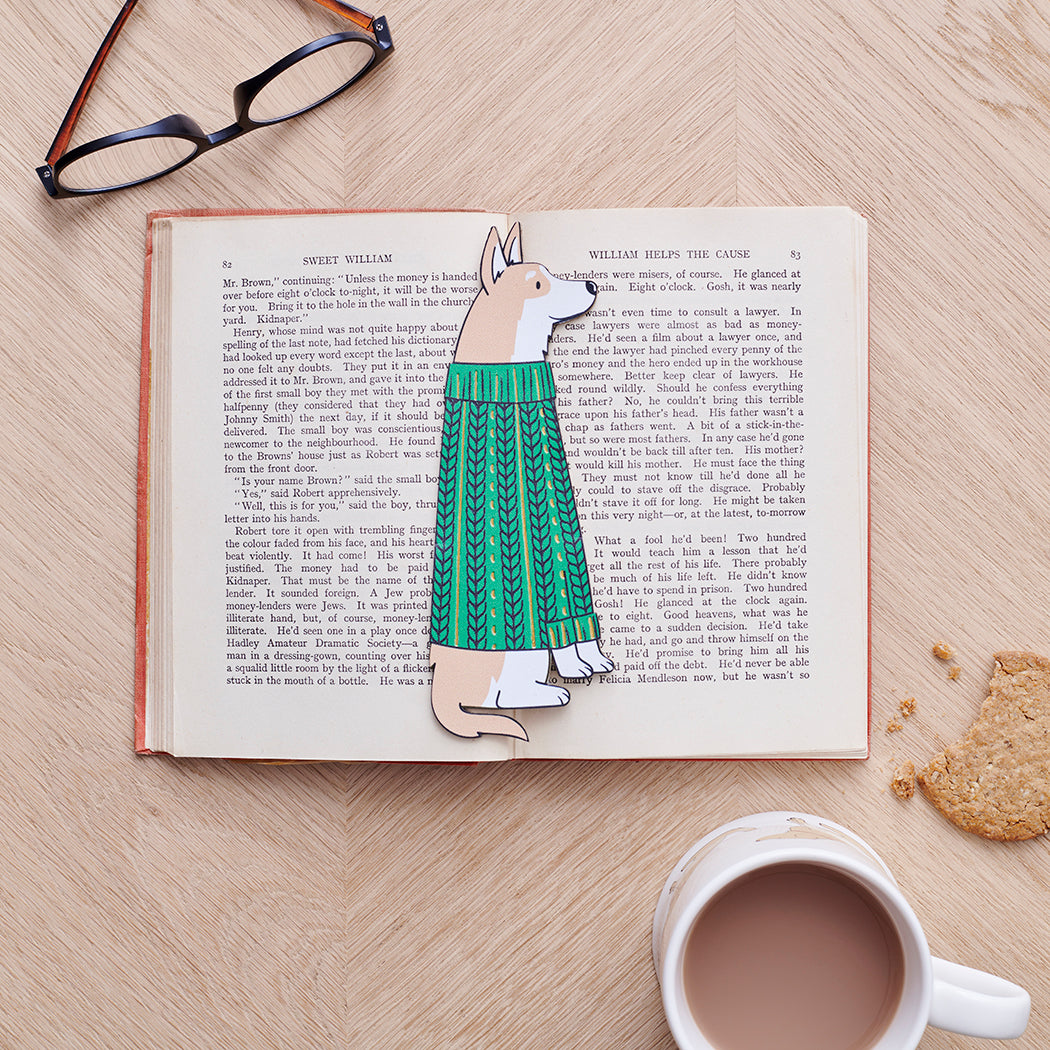 Corgi bookmark in open book — vegan PU leather with gold foil detailing, dog lover gift by Sweet William Designs