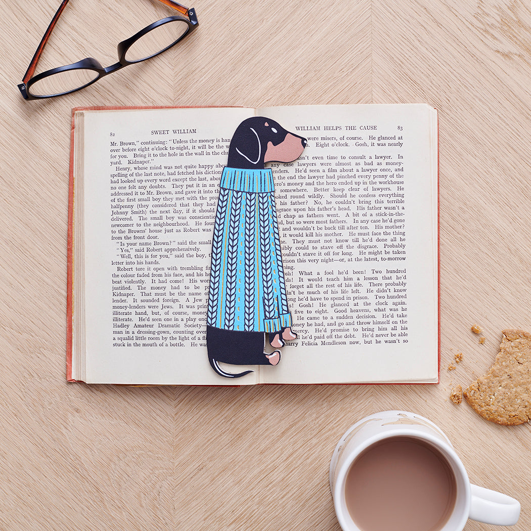 Dachshund bookmark in open book — vegan PU leather with gold foil detailing, dog lover gift by Sweet William Designs