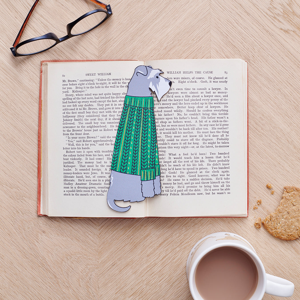 Salt & Pepper Schnauzer bookmark in open book — vegan PU leather with gold foil detailing, dog lover gift by Sweet William Designs