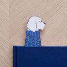 Apricot Cockapoo / Labradoodle bookmark peeking out of navy book — illustrated dog in blue jumper, vegan PU leather bookmark by Sweet William Designs