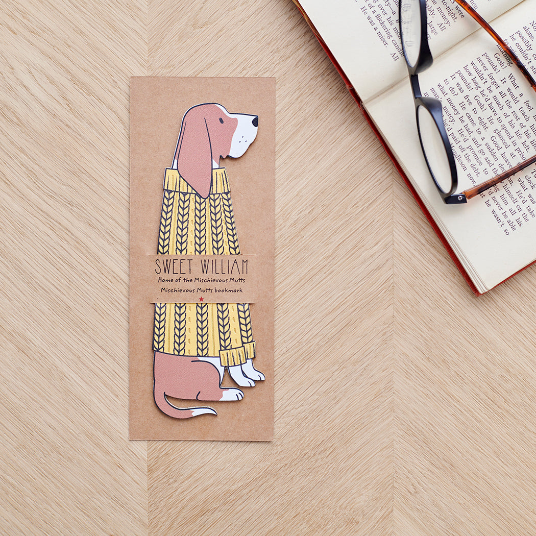 Basset Hound bookmark with backing card — personalised dog bookmark in yellow jumper illustration, gift by Sweet William Designs