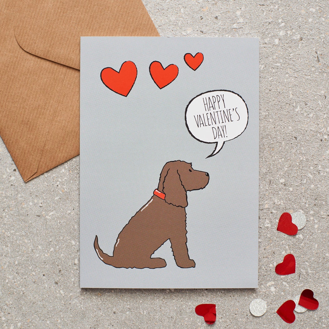 Chocolate Cocker Spaniel Valentine's Day card — illustrated dog lover greeting card by Sweet William Designs