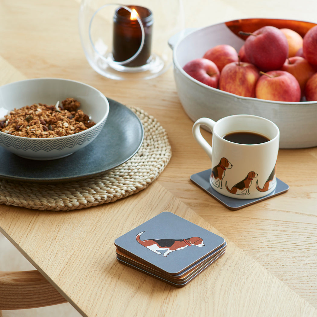 Sweet William Beagle coaster lifestyle shot — matching Beagle mug and coaster gift set