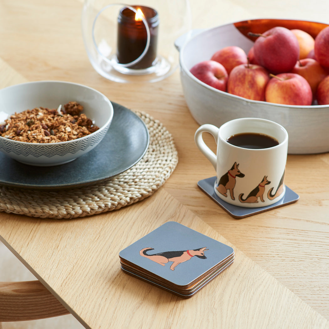 Sweet William German Shepherd coaster lifestyle shot — matching German Shepherd mug and coaster gift set