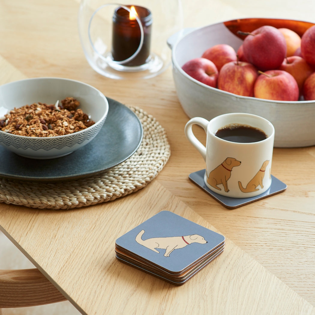 Sweet William Golden Retriever coaster lifestyle shot — matching Golden Retriever mug and coaster gift set