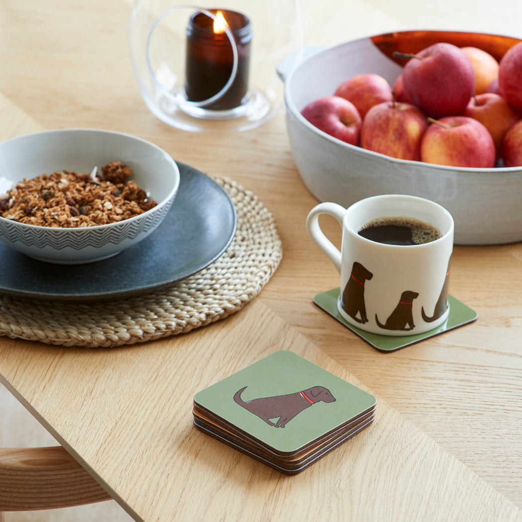 Sweet William Chocolate Labrador coaster lifestyle shot — matching Choc Lab mug and coaster gift set