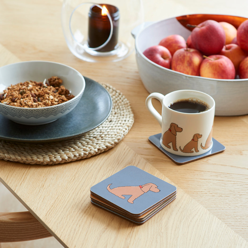 Golden Cocker Spaniel coaster on desk — eucalyptus wood with cork backing, dog lover gift by Sweet William Designs