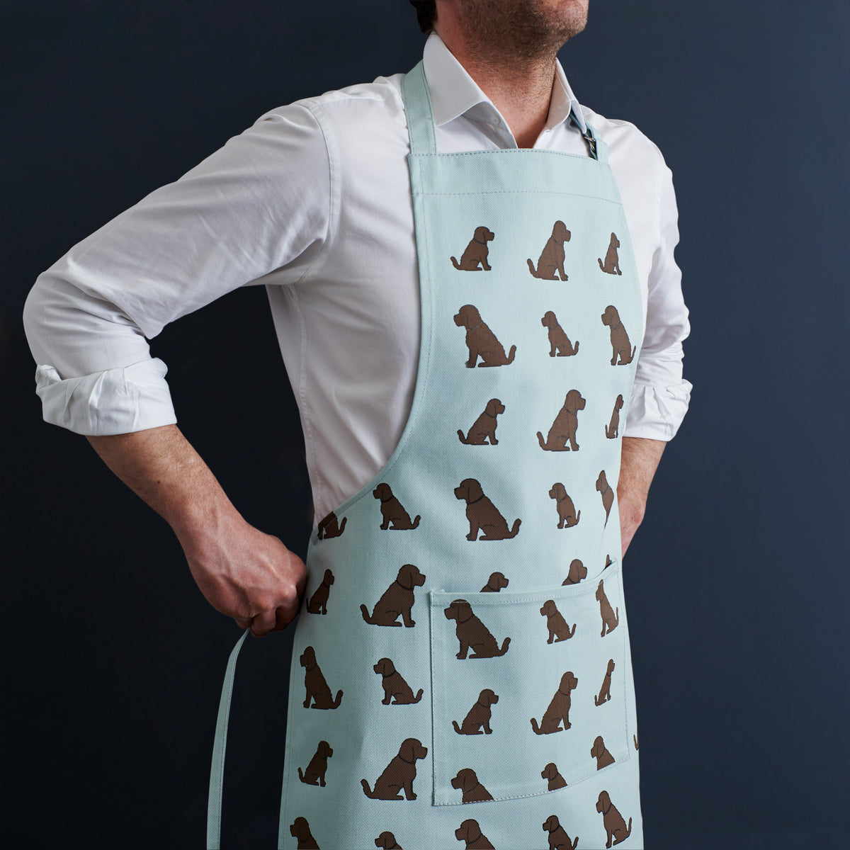 Chocolate Cockapoo apron — organic cotton screen-printed dog apron, a perfect gift for Cockapoo and Labradoodle lovers