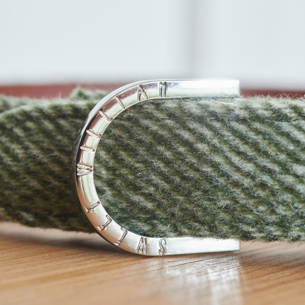 Close-up of the branded D-ring on a green tweed dog collar
