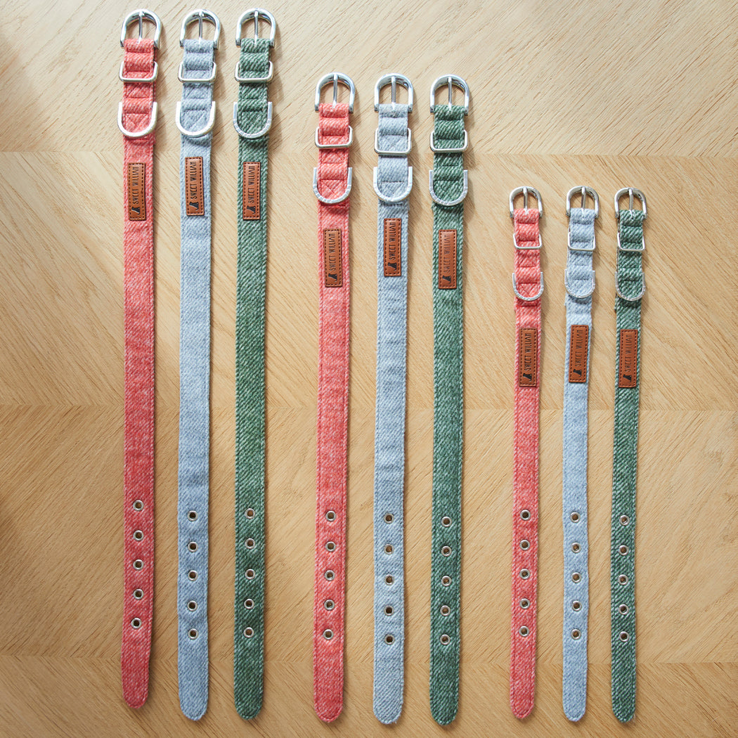 Tweed dog collars shown in the full colour range