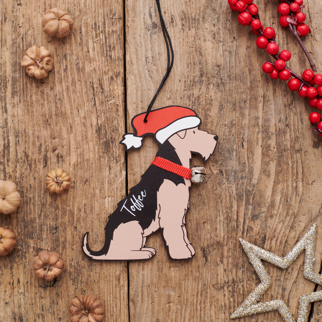 Personalised Airedale / Lakeland / Welsh Terrier Christmas decoration with name — wooden dog decoration with Father Christmas hat and jingle bell collar, thoughtful dog lover gift by Sweet William Designs