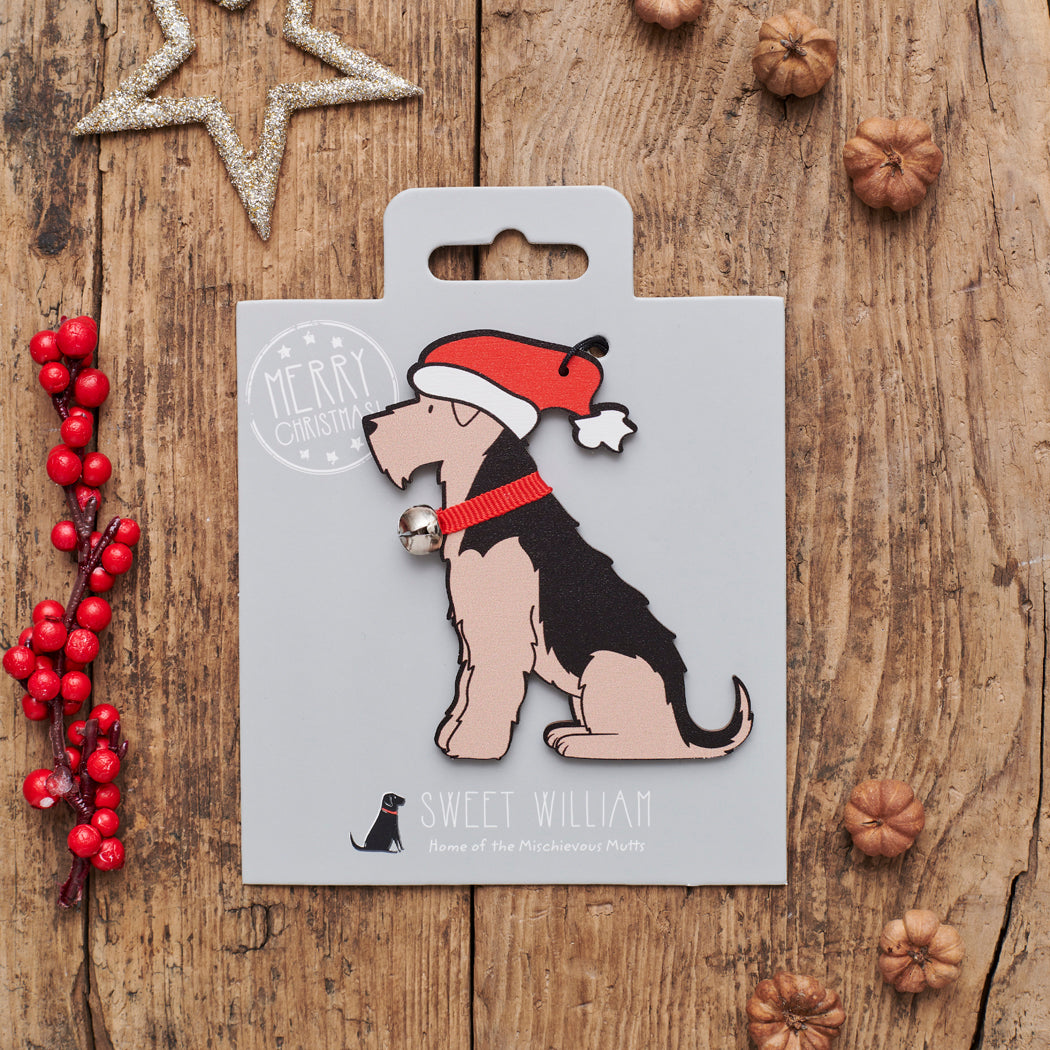 Airedale / Lakeland / Welsh Terrier Christmas decoration on backing card — wooden dog decoration with Father Christmas hat and jingle bell collar, festive dog lover gift by Sweet William Designs