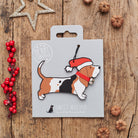 Basset Hound Christmas decoration on backing card — wooden dog decoration with Father Christmas hat and jingle bell collar, festive dog lover gift by Sweet William Designs