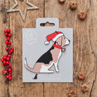 Beagle Christmas decoration on backing card — wooden dog decoration with Father Christmas hat and jingle bell collar, festive dog lover gift by Sweet William Designs