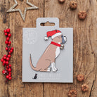 Boxer Christmas decoration on backing card — wooden dog decoration with Father Christmas hat and jingle bell collar, festive dog lover gift by Sweet William Designs
