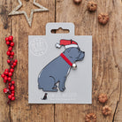 French Bulldog Christmas decoration on backing card — wooden dog decoration with Father Christmas hat and jingle bell collar, festive dog lover gift by Sweet William Designs