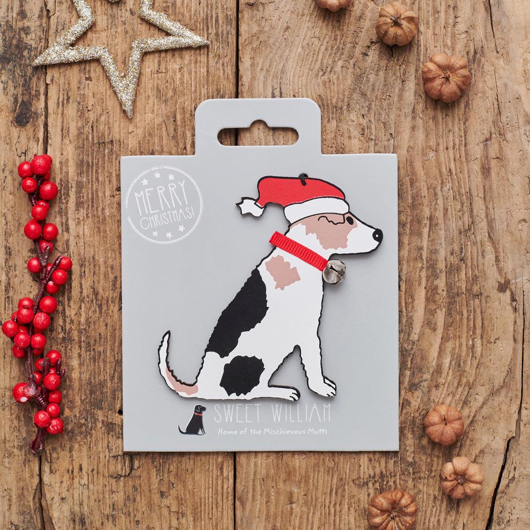 Jack Russell Christmas decoration on backing card — wooden dog decoration with Father Christmas hat and jingle bell collar, festive dog lover gift by Sweet William Designs