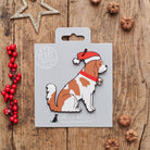Cavalier King Charles Spaniel Christmas decoration on backing card — wooden dog decoration with Father Christmas hat and jingle bell collar, festive dog lover gift by Sweet William Designs