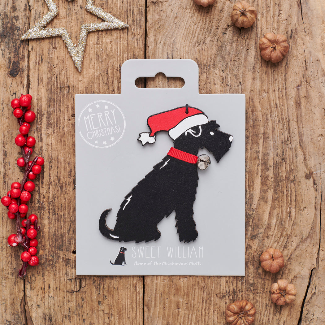 Black Schnauzer Christmas decoration on backing card — wooden dog decoration with Father Christmas hat and jingle bell collar, festive dog lover gift by Sweet William Designs