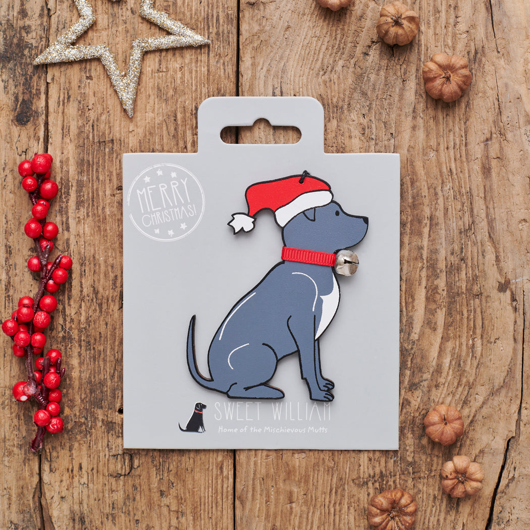 Staffie Christmas decoration on backing card — wooden dog decoration with Father Christmas hat and jingle bell collar, festive dog lover gift by Sweet William Designs