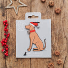 Vizsla Christmas decoration on backing card — wooden dog decoration with Father Christmas hat and jingle bell collar, festive dog lover gift by Sweet William Designs