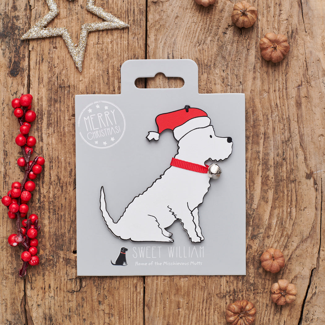 Westie Christmas decoration on backing card — wooden dog decoration with Father Christmas hat and jingle bell collar, festive dog lover gift by Sweet William Designs