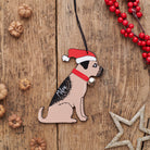 Personalised Border Terrier Christmas decoration with name — wooden dog decoration with Father Christmas hat and jingle bell collar, thoughtful dog lover gift by Sweet William Designs