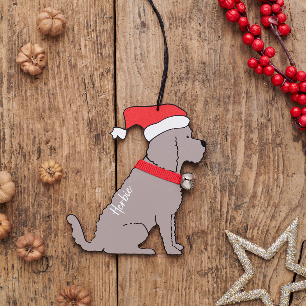 Personalised Chocolate Cockapoo / Labradoodle Christmas decoration with name — wooden dog decoration with Father Christmas hat and jingle bell collar, thoughtful dog lover gift by Sweet William Designs