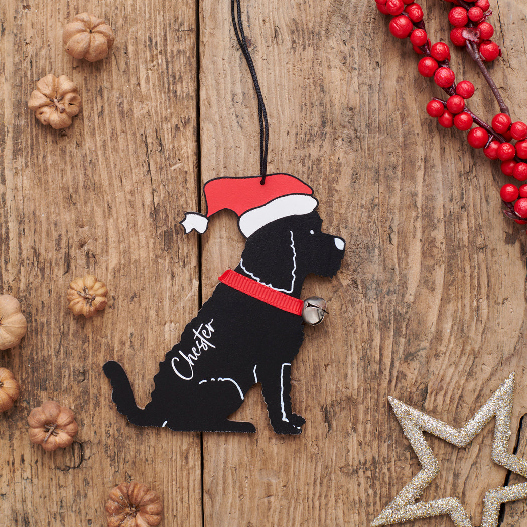 Personalised Black Cockapoo / Labradoodle Christmas decoration with name — wooden dog decoration with Father Christmas hat and jingle bell collar, thoughtful dog lover gift by Sweet William Designs