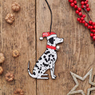 Personalised Dalmatian Christmas decoration with name — wooden dog decoration with Father Christmas hat and jingle bell collar, thoughtful dog lover gift by Sweet William Designs
