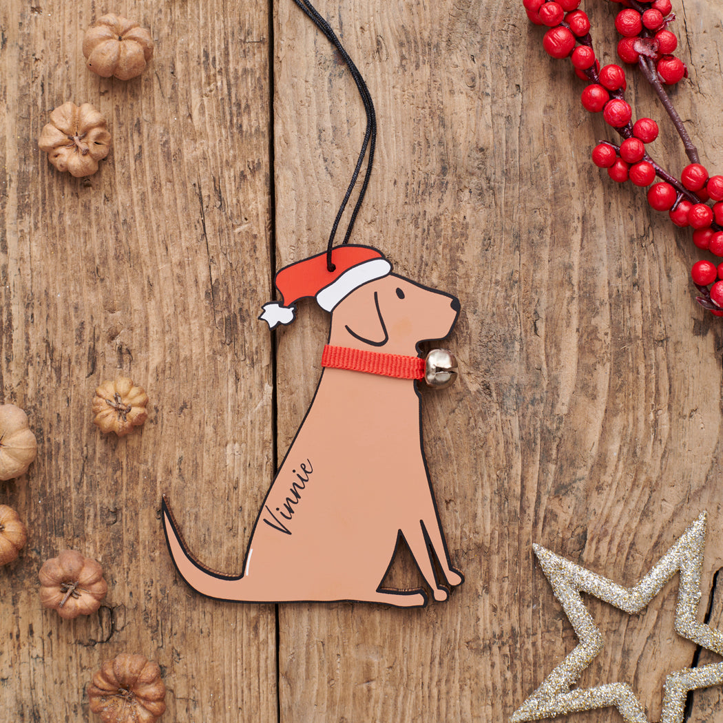 Personalised Fox Red Labrador Christmas decoration with name — wooden dog decoration with Father Christmas hat and jingle bell collar, thoughtful dog lover gift by Sweet William Designs