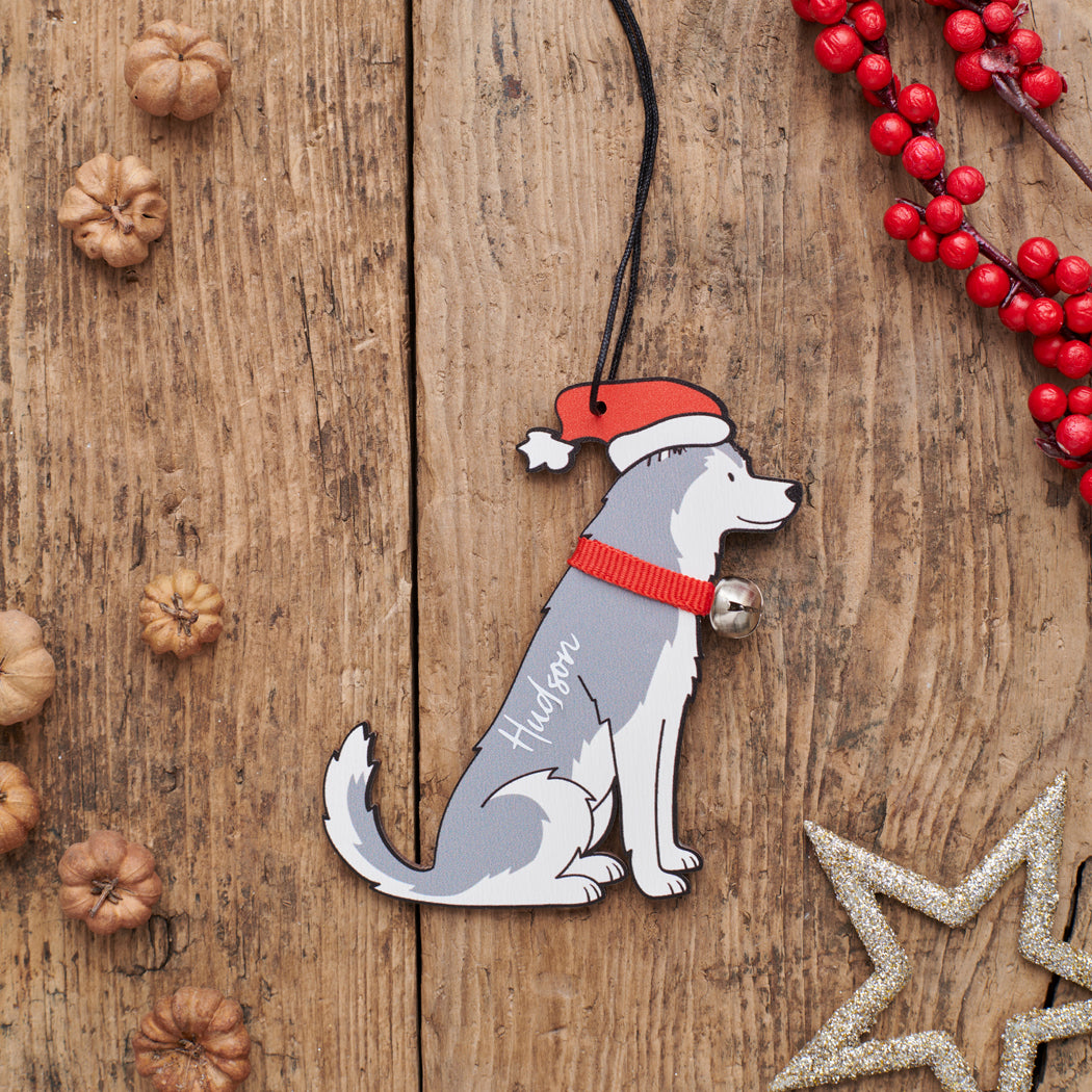 Personalised Husky Christmas decoration with name — wooden dog decoration with Father Christmas hat and jingle bell collar, thoughtful dog lover gift by Sweet William Designs