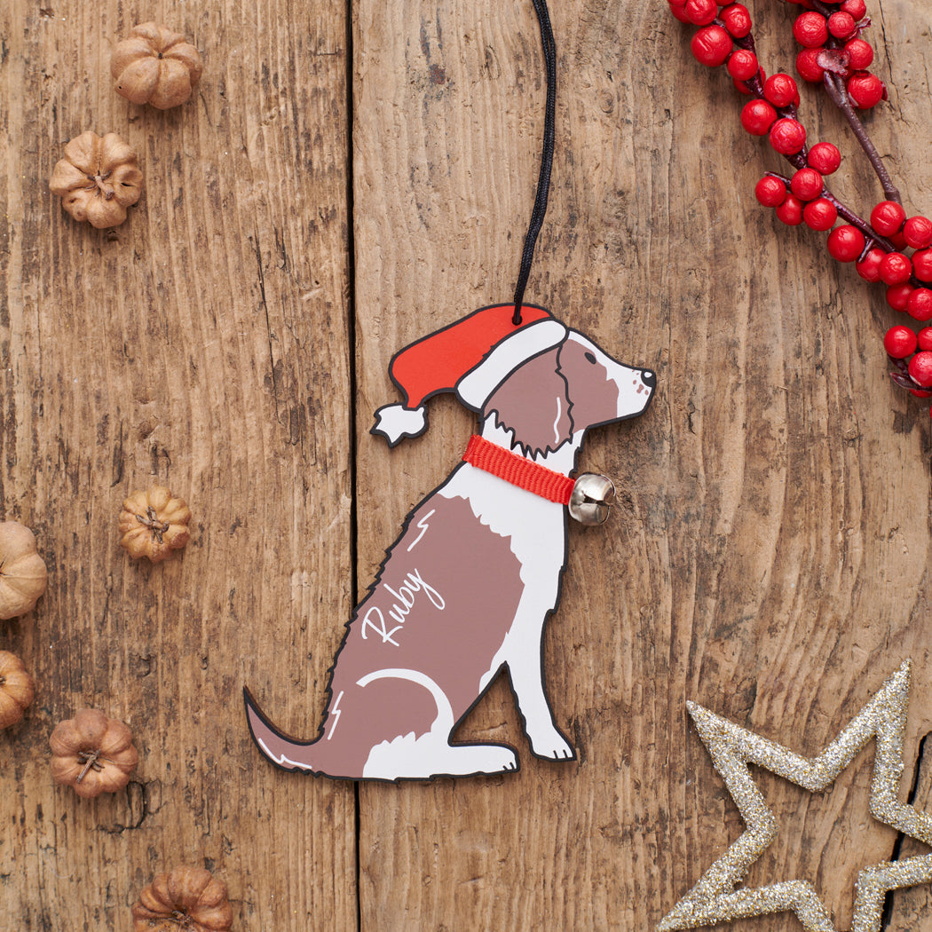 Personalised Liver & White Springer Spaniel Christmas decoration with name — wooden dog decoration with Father Christmas hat and jingle bell collar, thoughtful dog lover gift by Sweet William Designs