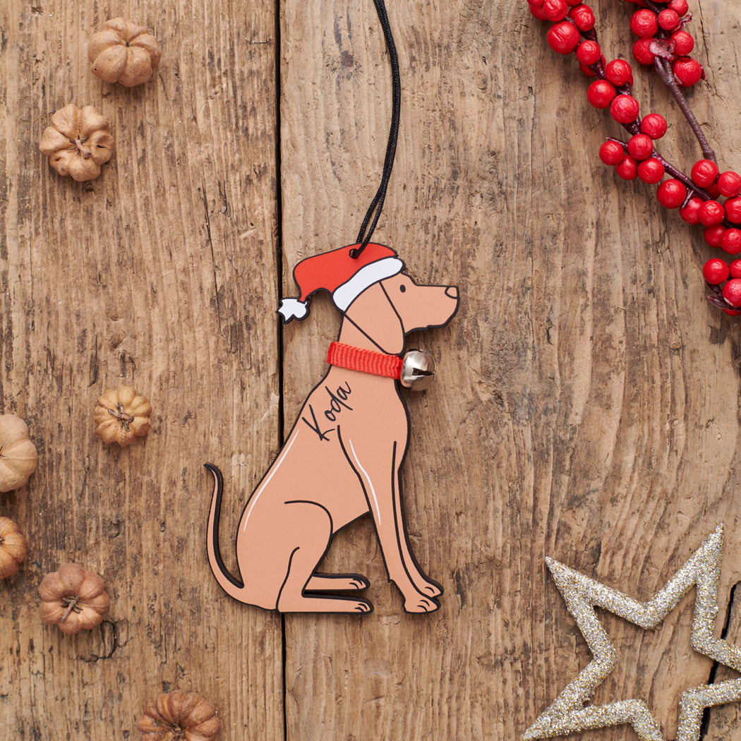 Personalised Vizsla Christmas decoration with name — wooden dog decoration with Father Christmas hat and jingle bell collar, thoughtful dog lover gift by Sweet William Designs