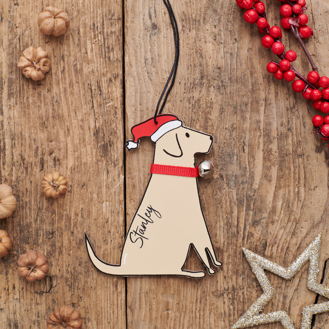 Personalised Yellow Labrador Christmas decoration with name — wooden dog decoration with Father Christmas hat and jingle bell collar, thoughtful dog lover gift by Sweet William Designs