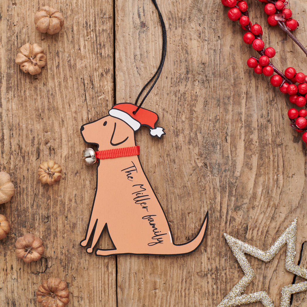 Personalised Fox Red Labrador Christmas decoration with custom message — wooden dog decoration with Father Christmas hat and jingle bell collar by Sweet William Designs 