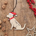 Personalised Golden Retriever Christmas decoration with custom message — wooden dog decoration with Father Christmas hat and jingle bell collar by Sweet William Designs
