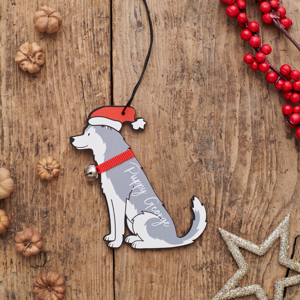 Personalised Husky Christmas decoration with custom message — wooden dog decoration with Father Christmas hat and jingle bell collar by Sweet William Designs