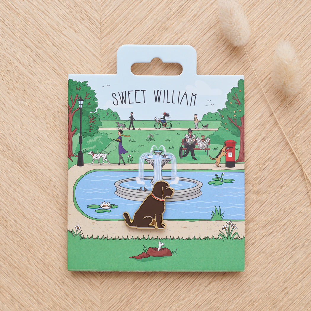 Chocolate Cockapoo / Labradoodle enamel dog pin on Sweet William Designs park scene backing card — thoughtful gift for Chocolate Cockapoo / Labradoodle lovers