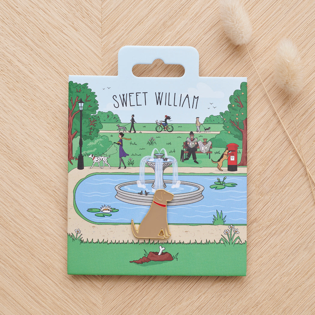 Yellow Labrador enamel dog pin on Sweet William Designs park scene backing card — thoughtful gift for Yellow Labrador lovers