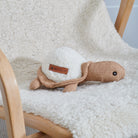 Horatio the Turtle dog toy on a fluffy chair — soft fabric squeaky toy for small dogs and puppies by Sweet William Designs