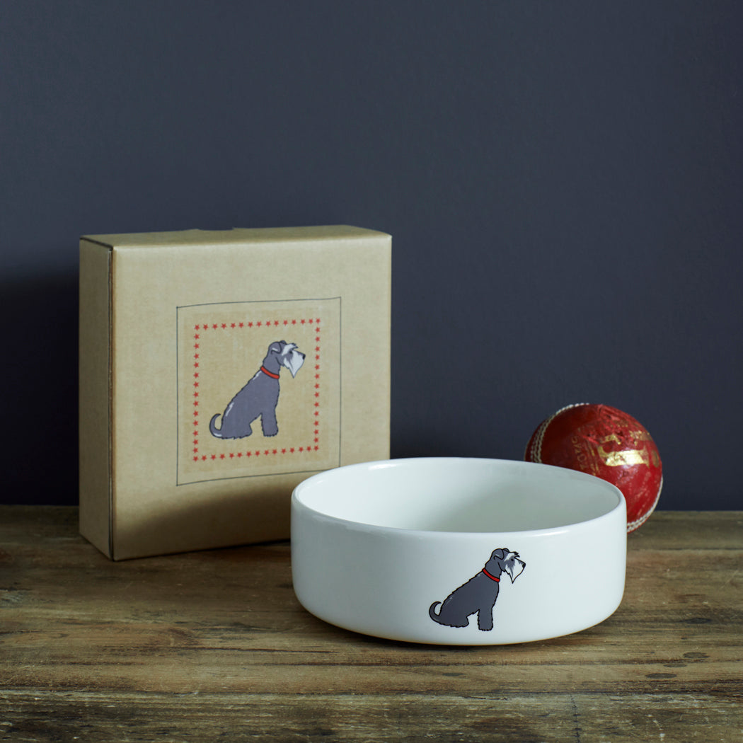 Grey & White Schnauzer small dog bowl with kraft gift box — ceramic Schnauzer gift by Sweet William Designs
