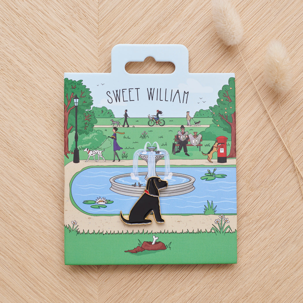 Black Cocker Spaniel enamel dog pin on Sweet William Designs park scene backing card — thoughtful gift for Black Cocker Spaniel lovers